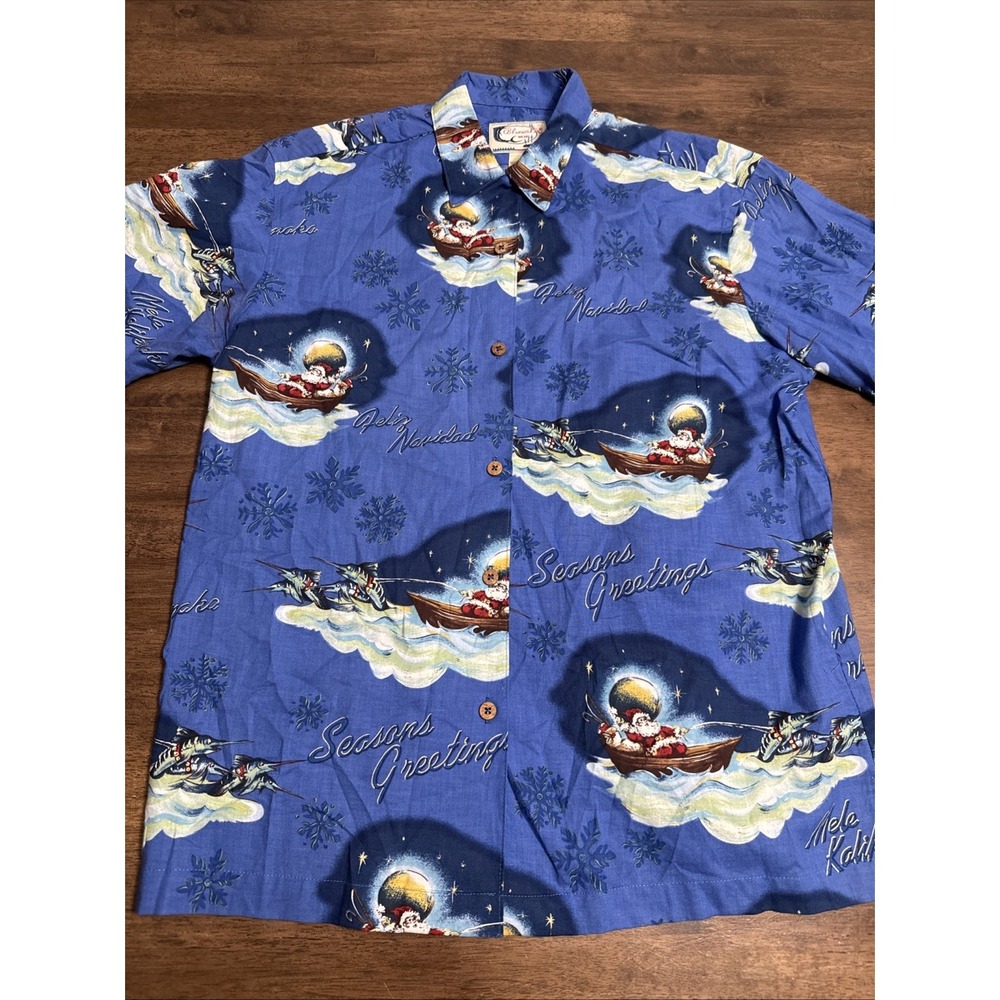 Bluewater Wear Button Shirt Large Santa Clause Fishing Tuna Fish Mele Kalikimaka